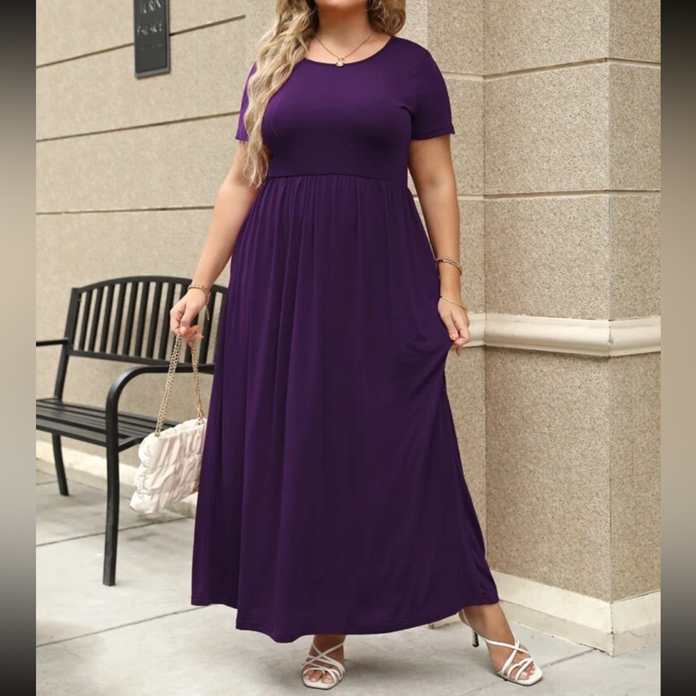 Plus size green comfy high waisted A-line maxi dress - Picture 7 of 16